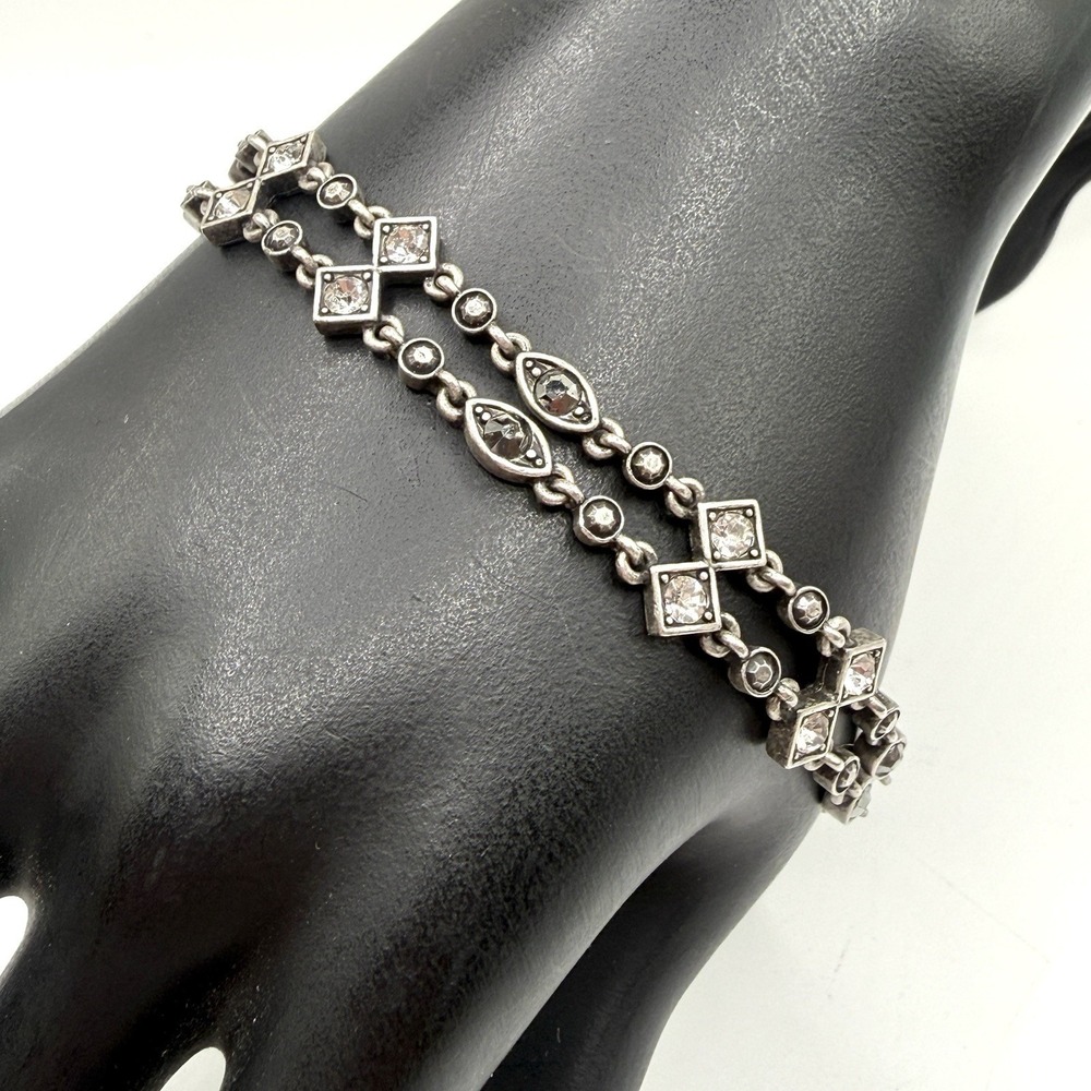 Vintage Art Deco Style Clear Black Stone Bracelet Geometric Link Silver Tone 7"